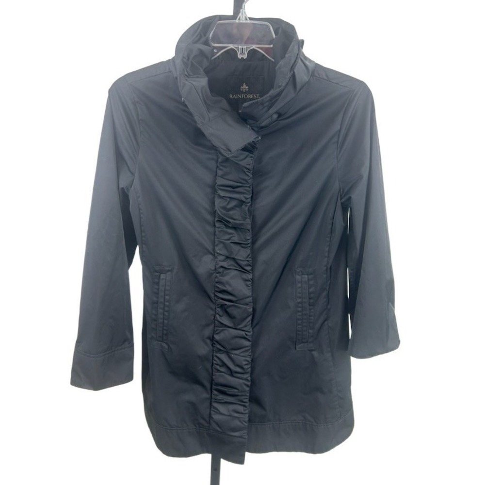 Rainforest Rain Jacket Coat Women's‎ Size Medium Black Hooded Ruffle Front